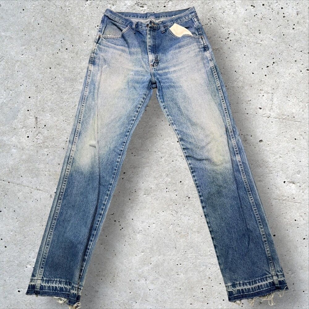 Vintage Light Wash Straight Leg Jeans Mens 33x32 Faded Distressed Raw Hem Peace - Picture 2 of 13